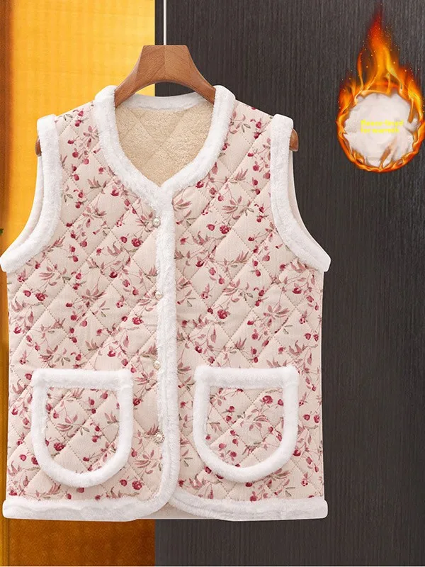 سترة نسائية أنيقة مبطنة بالصوف مع نقشة زهور للخريف والشتاء، سميكة مصنوعة من ألياف البوليستر