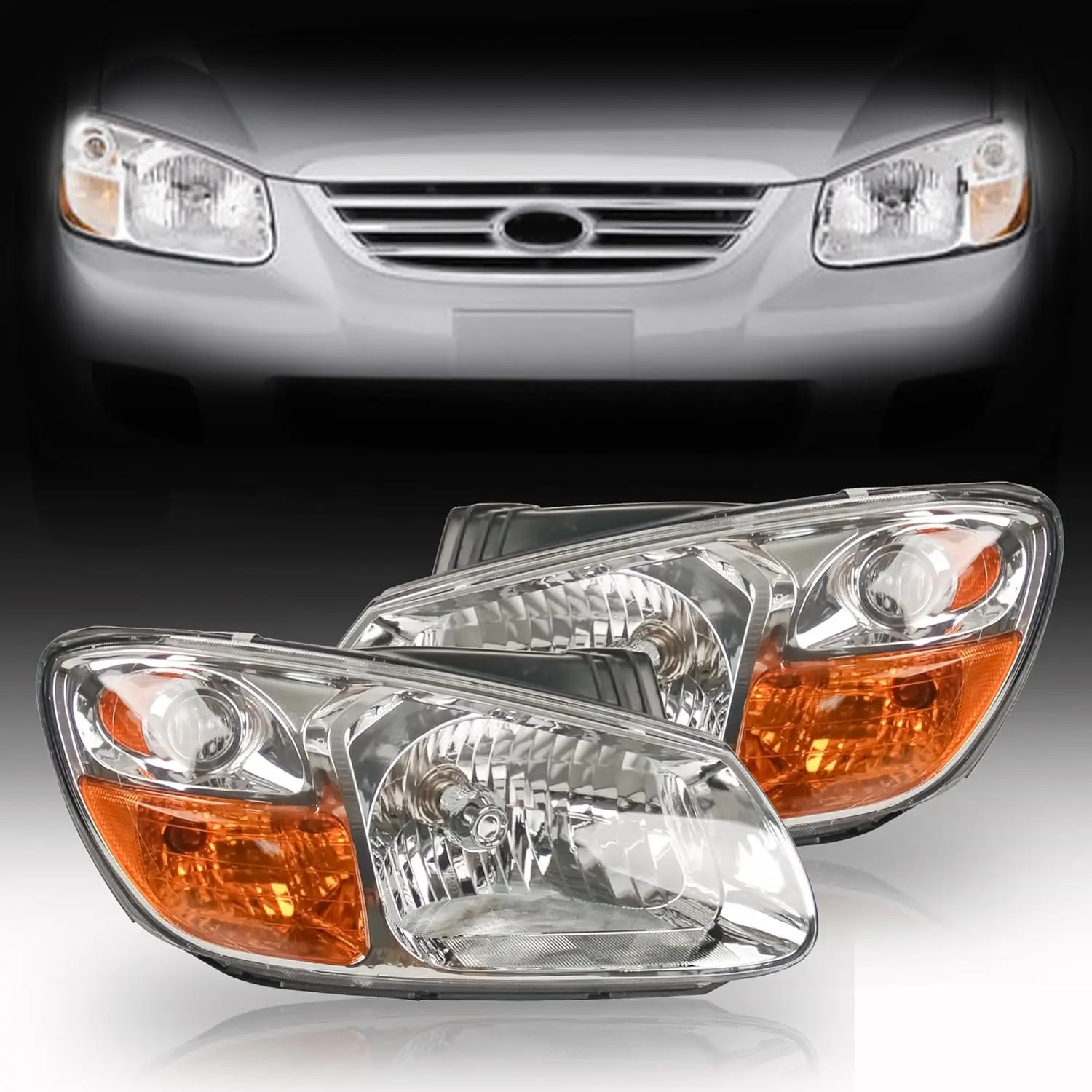 

Halogen Headlight Assembly Left and Right Pair, Chrome Housing Clear Lens Headlamp, Compatible with 2007-2009 Spectra