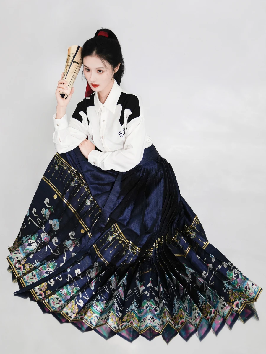 

Женская юбка-ханьфу из шелкового атласа с девятью складками, в традиционном стиле, для повседневной носки...