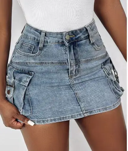 Retro Women's Denim Short Skirt 2024 Summer Fashion Casual Pocket Decoration Button No Elastic High Waist Mini Denim Skirt