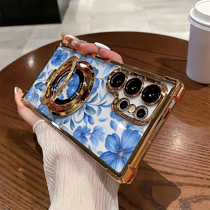 Blue Watercolor Floral Pattern Phone Case For Samsung Galaxy S26 Ultra S25 FE Edge S24 Plus Shockproof Plating Corner Cover Etui