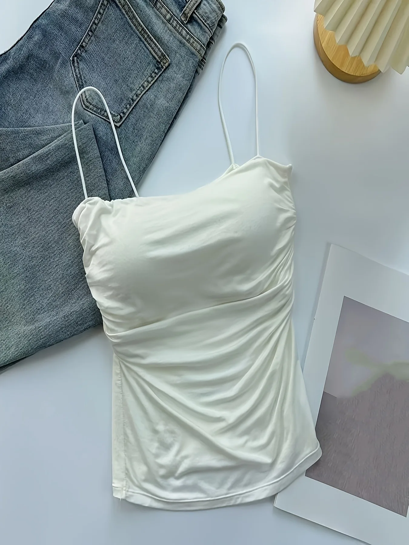 3 Pack Retro V-Neck Thin Strap Camisoles for Women, Stretch Sleeveless Solid Tops with Ruffle Trim, All-Match Layering Vests for
