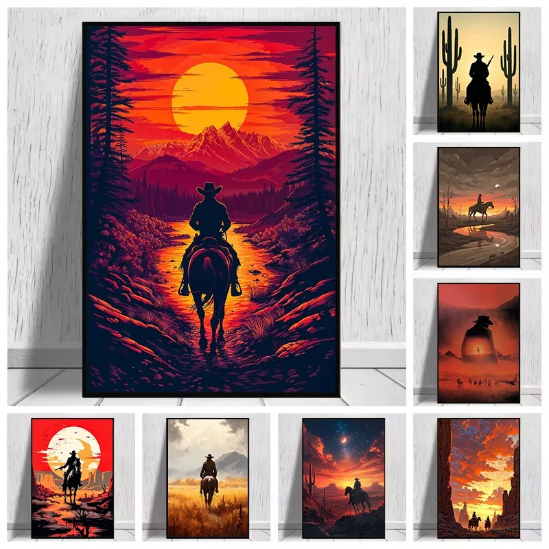 Retro Abstract Cowboy Riding Horse Sunset Desert Forest Landscape Poster Canvas Painting Wall Art Pictures Home Decor