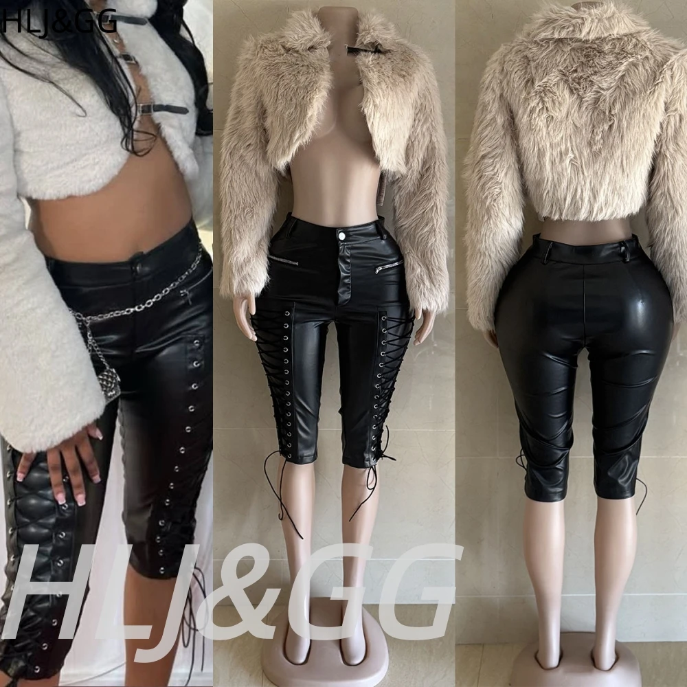 

HLJ&GG Модный тренд Полое пальто из искусственного меха Комплекты из двух предметов Женский укороченный топ с длинными рукавами и кожаные бандажные шорты Уличная одежда