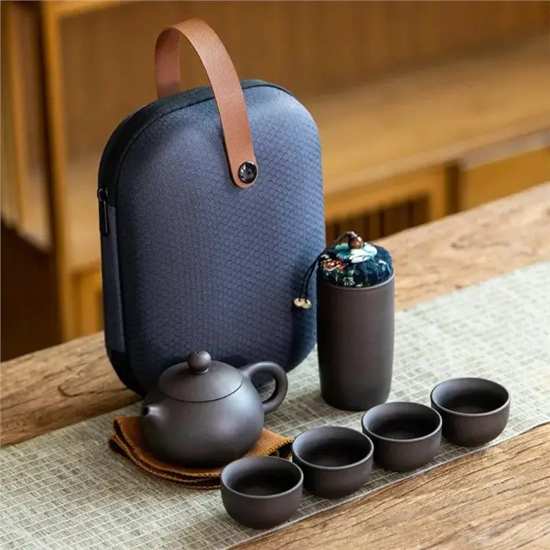 AT44-Portable Outdoor Travel Tea Set With One Pot And Four Cups-1SET Zisha Style Portable Tea Set