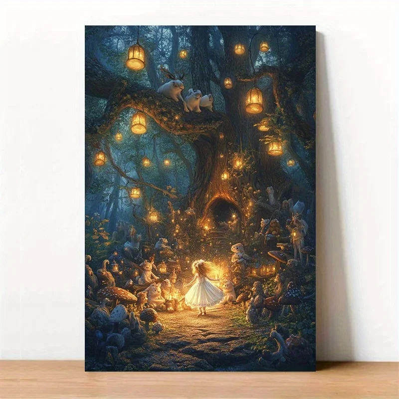 1pc Enchanted Forest Canvas Poster - Whimsical Fairy Tale Scene with Fairies, Animals, and Glowing Lanterns - Frameless, Perf
