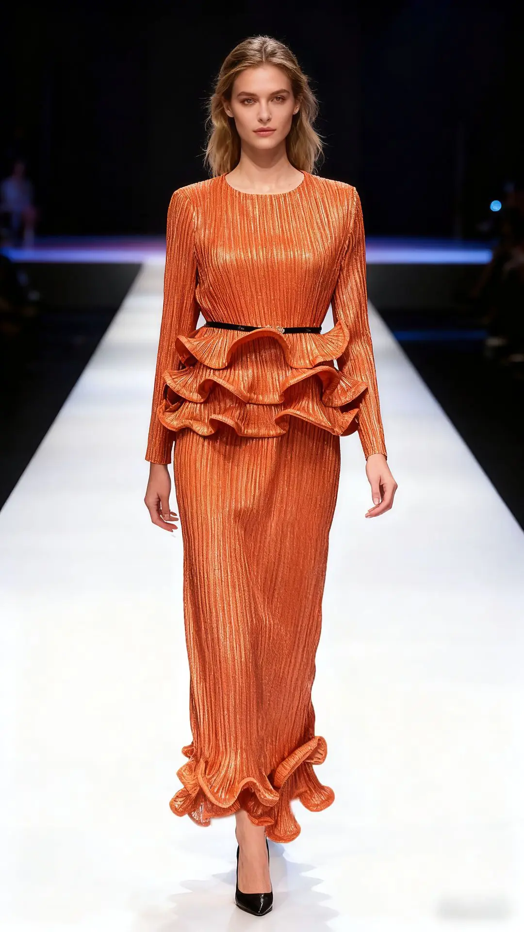 

Miyake 2025 Autumn and Winter New Pleated Round Neck Solid Color Two-piece Set Waist Ruffle Edge Fashion Suit Women