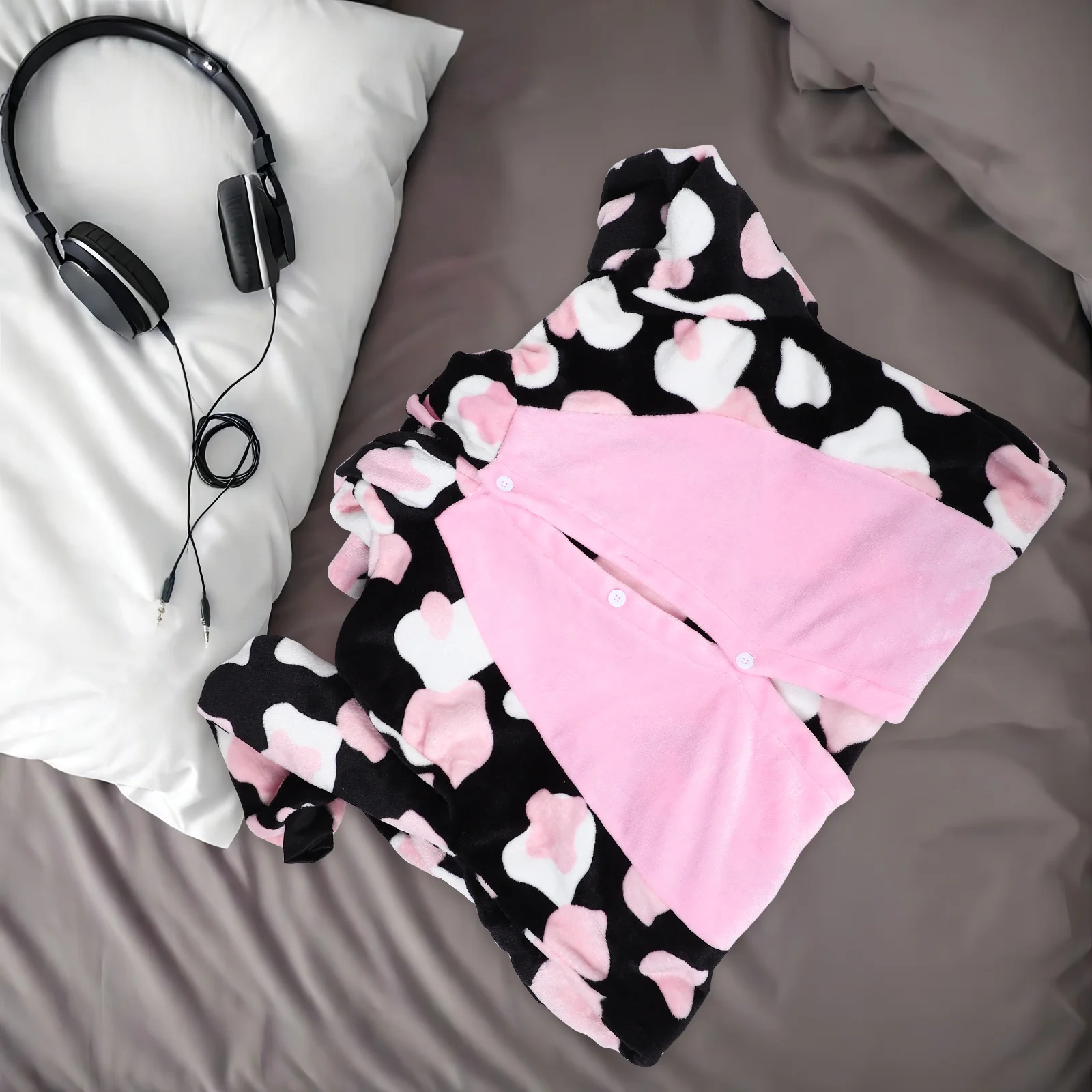 بيجامة قطعة واحدة بطابع بقرة للبالغين ملابس نوم ناعمة ودافئة مع لهجات زهور وردية للجنسين للاسترخاء المنزلي البارد #2