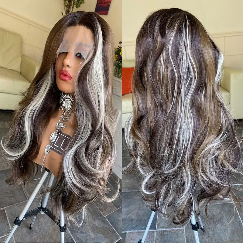 Bombshell-peluca sintética ondulada para mujer, pelo de fibra resistente al calor, color blanco, Marrón mezclado, 13x4, encaje frontal, sin pegamento, alta calidad, Cosplay