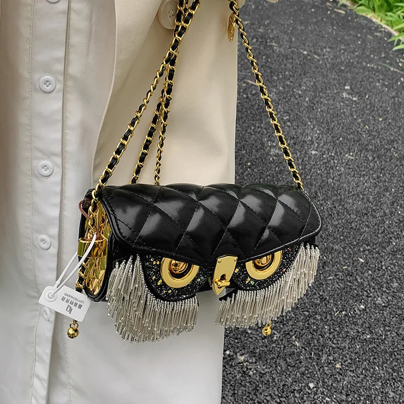

Women's Tassel Crossbody Handbag with Diamond Grid Design Owl Print Fun One Shoulder Chain Small Square Bag for Casual Use