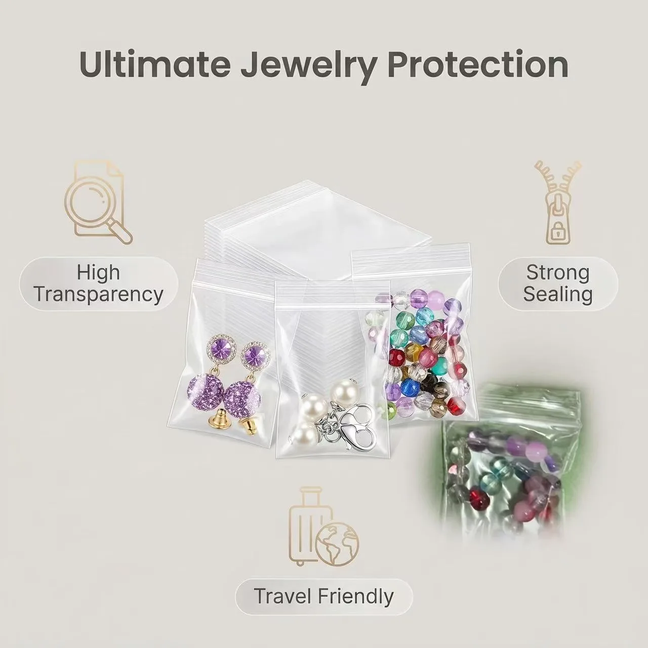 Thick Clear Plastic Zipper Seal Jewelry Bags, 1000pcs