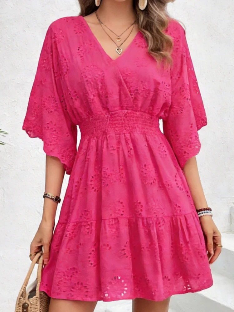 Women's Yellow V-Neck Half Sleeve Dress Eyelet Embroidery Smocked Waist Ruffle Short Dressl Summer Beach Vacation Party Dress