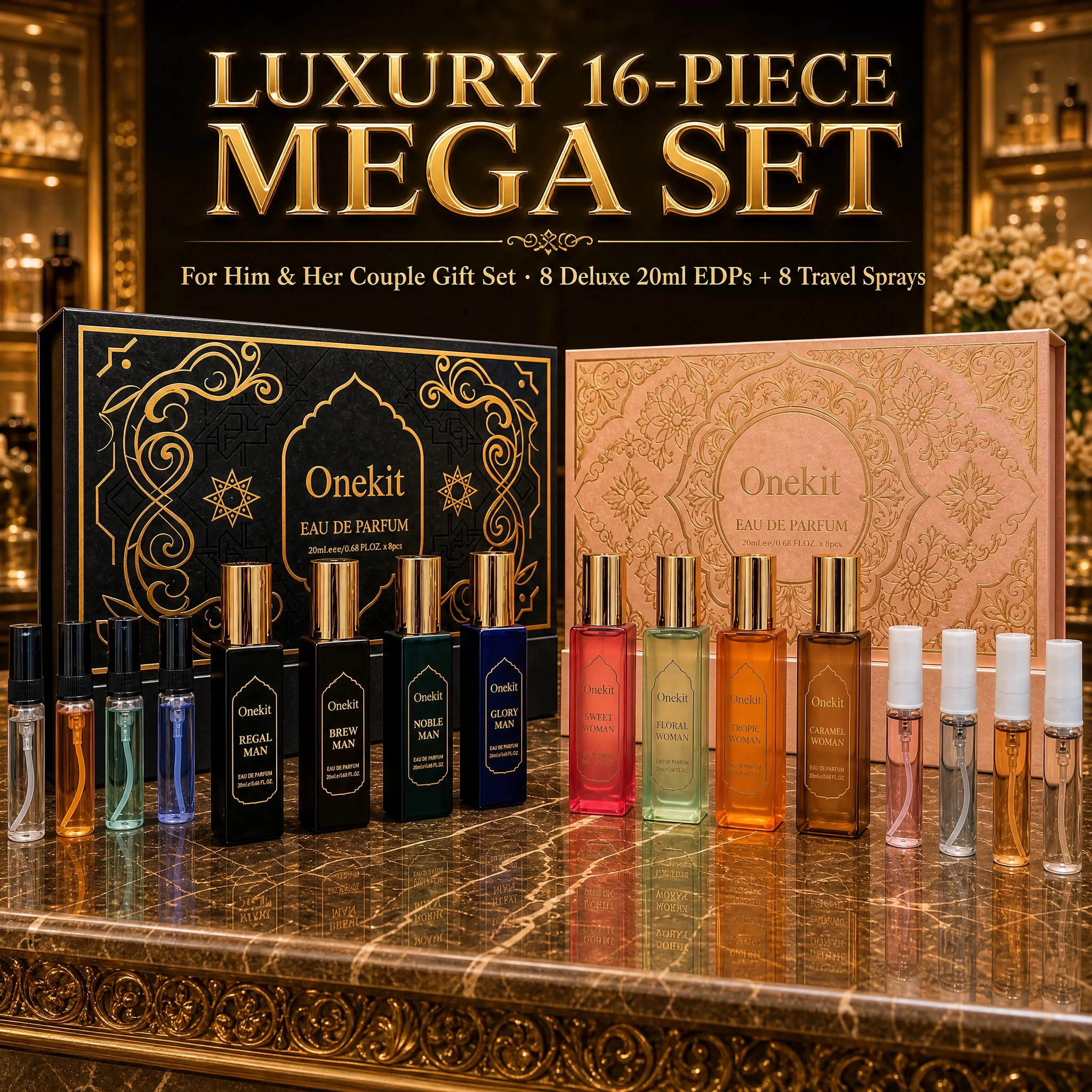 Onekit 16-Piece Perfume Gift Set for Him & Her, Long Lasting 8x20ml EDP & 8x5ml Sprays, Woody Men's Cologne & Vanilla Scent Kit, Perfect Birthday, Holiday, Father's Day & Mother's Day Gift for Couple