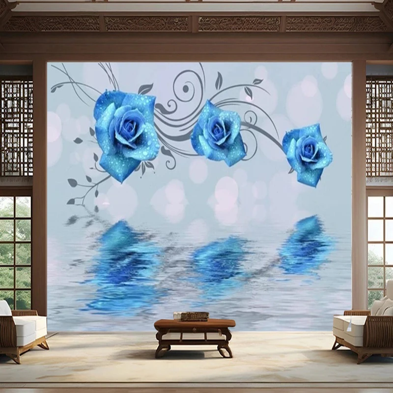 Modern and elegant blue rose in water three-dimensional space TV luxurious home decoration background wall paper mural
