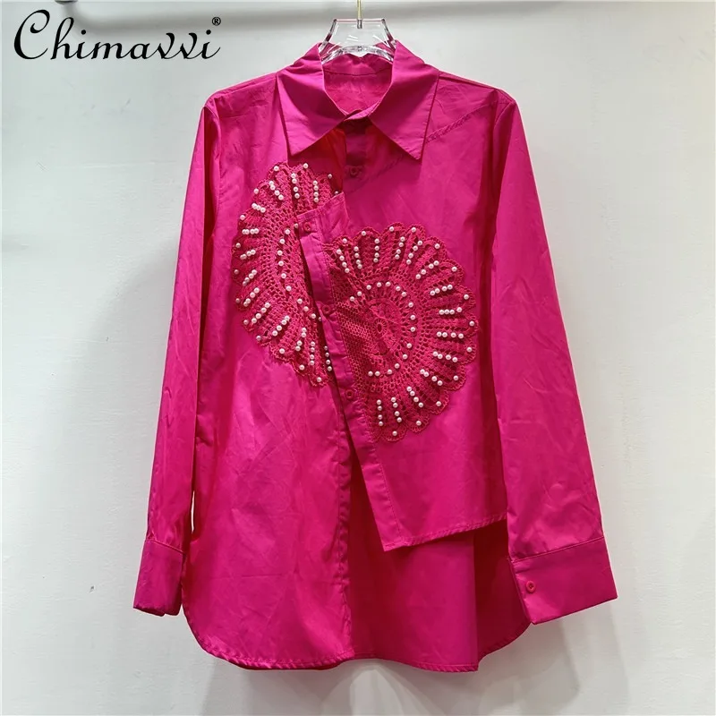 

Autumn and Winter New Heavy Industry Bead Splicing Lace Heavy Industry Irregular Niche Design Long Sleeve Shirt Top For Women