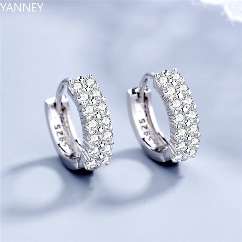 

Charm 925 Sterling Silver Needle Earrings Fashion High Quality Jewelry Double Row Crystal Zircon Round Hoop Earrings