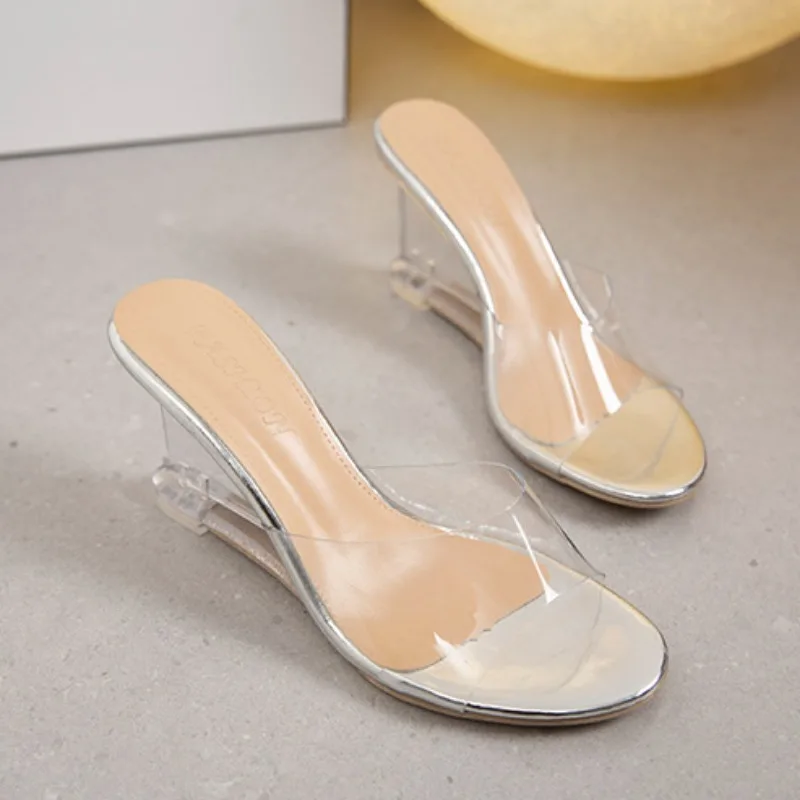 Women Transparent Wedge High-heeled Sandals Summer New Fashion Sexy Crystal Fish Mouth Wedge Sandals Flip Flops for Women