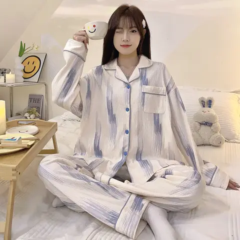 여성용 투피스 잠옷, 출산 용수철 및 가을 잠옷, 월간복, 모유 수유 세트, 느슨한 심플 홈웨어 세트