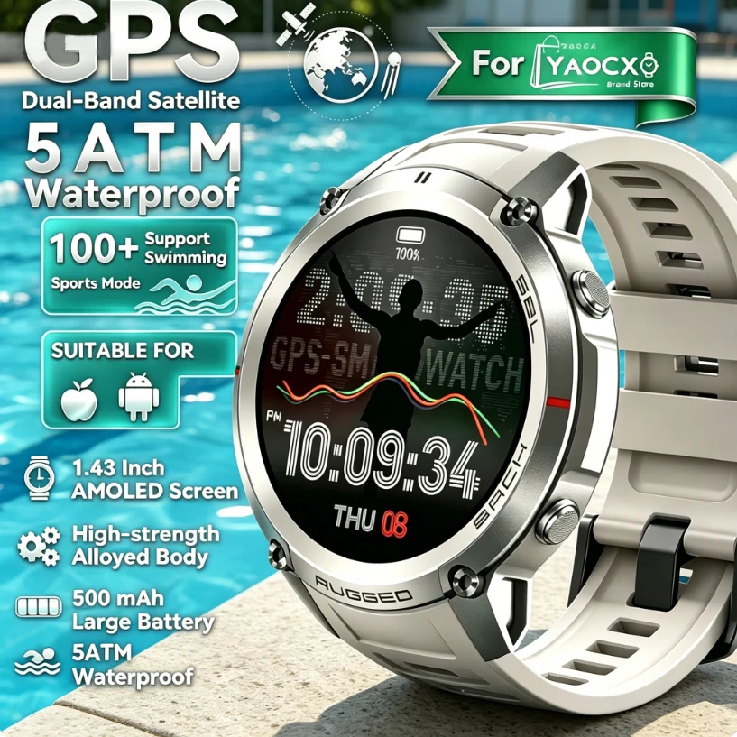 

2026 New Global Six Satellite GPS Positioning 1.43 Inch HD AMOLED Screen 2026 Men Outdoor Smart Watch Military Grade Waterproof