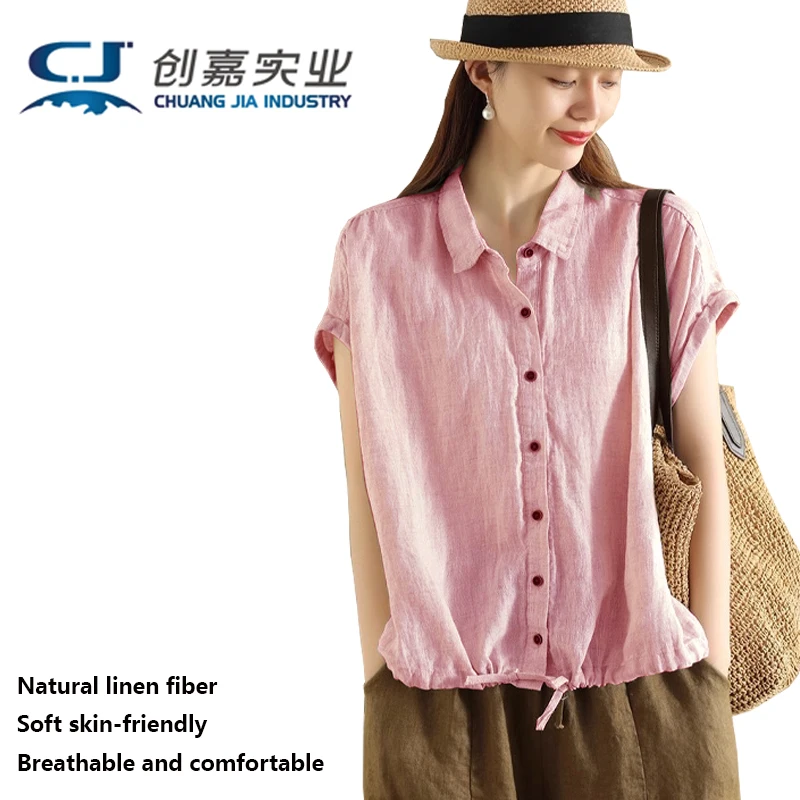 

Linen Spring Summer Women's Shirt off Rotator Sleeve Brown Loose Top Youth Casual Outdoor Sports Jogging Plus Size 3XL Fat Girl