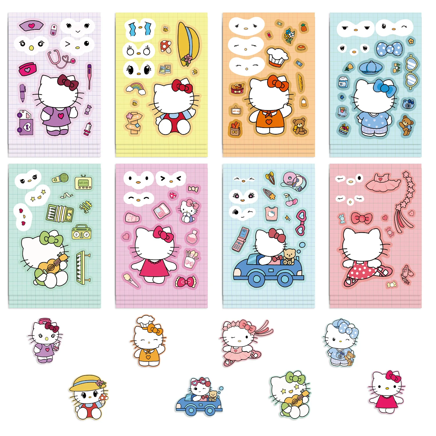 8/16Sheets Sanrio Cute Hello Kitty Make-a-Face Puzzle Sticker DIY Laptop Luggage Phone Skateboard Graffiti Decals Fun for Gift