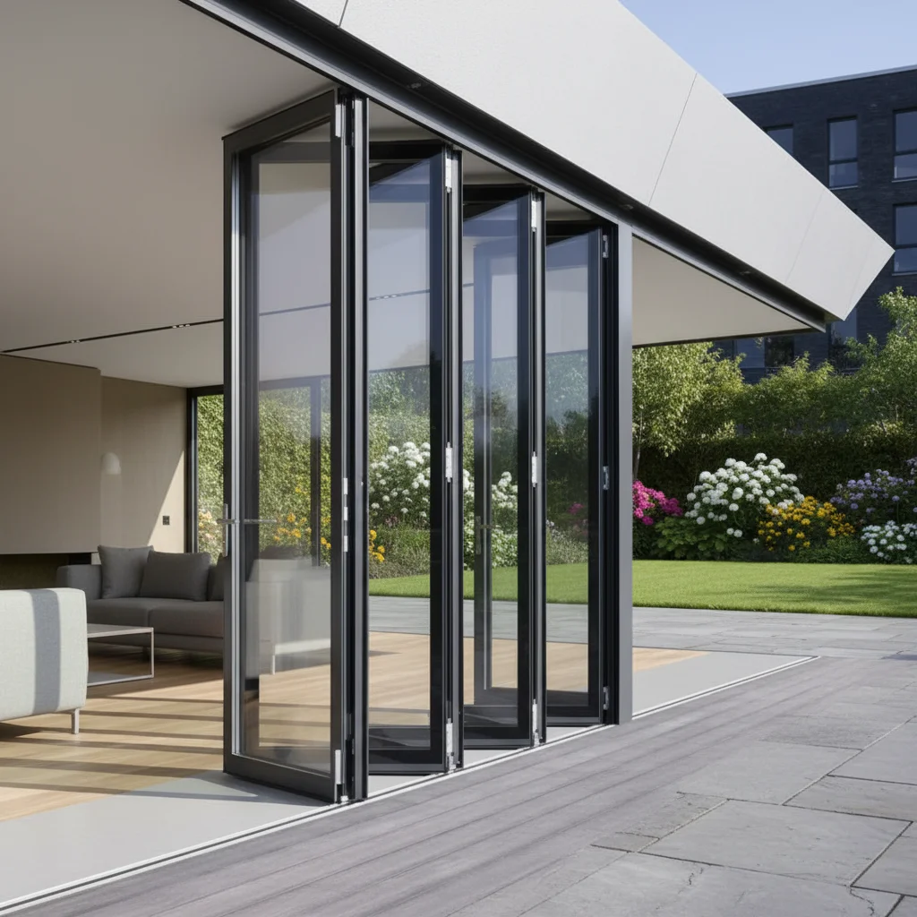 

Custom Heavy Duty Interior Soundproof Double Glass Aluminium Folding Door Panoramic Accordion Folding Door Outdoor Stacking Door