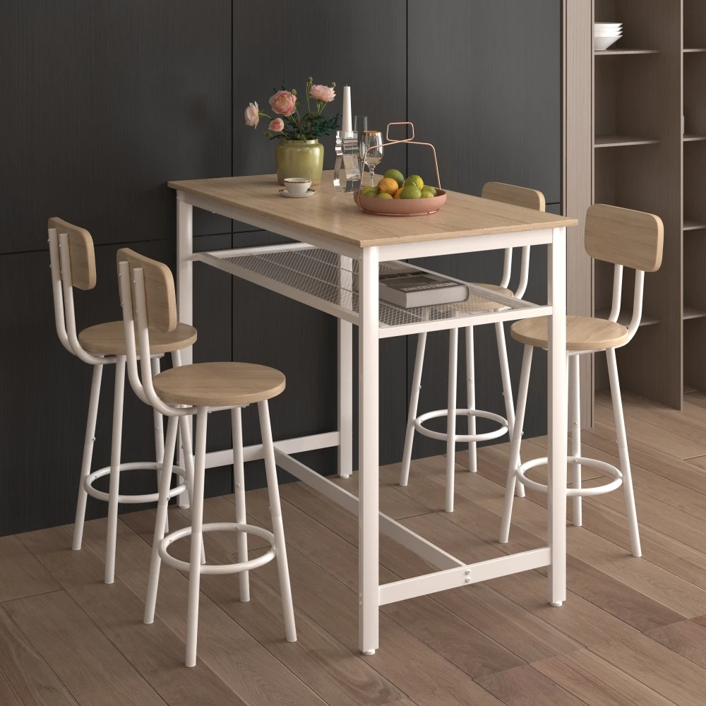 

5-Piece Kitchen Counter Height Table Set, Bar Table with 4 Chairs, 4 stools can be placed under the table when not in use