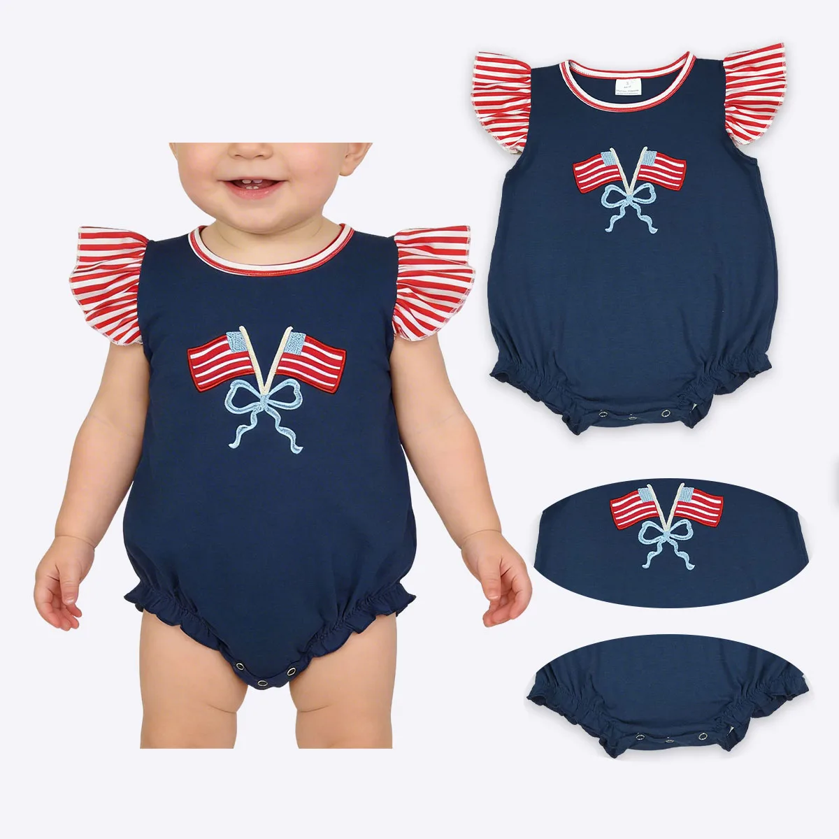 

Newborn Baby Girls Rompers Embroidery Bows Flags Flutter Sleeve July 4th Ruffle Kids Bubbles Children Clothing Wholesale