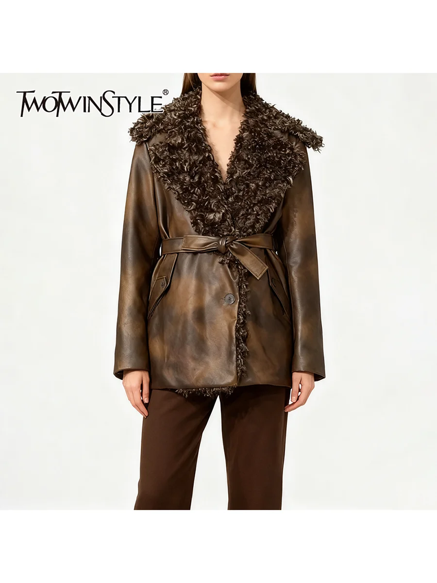 

TWOTWINSTYLE Slimming Spliced Lace Up Fashion Jackets for Women Lapel Long Sleeves Patchwork Flocking Leather Jacket Female New
