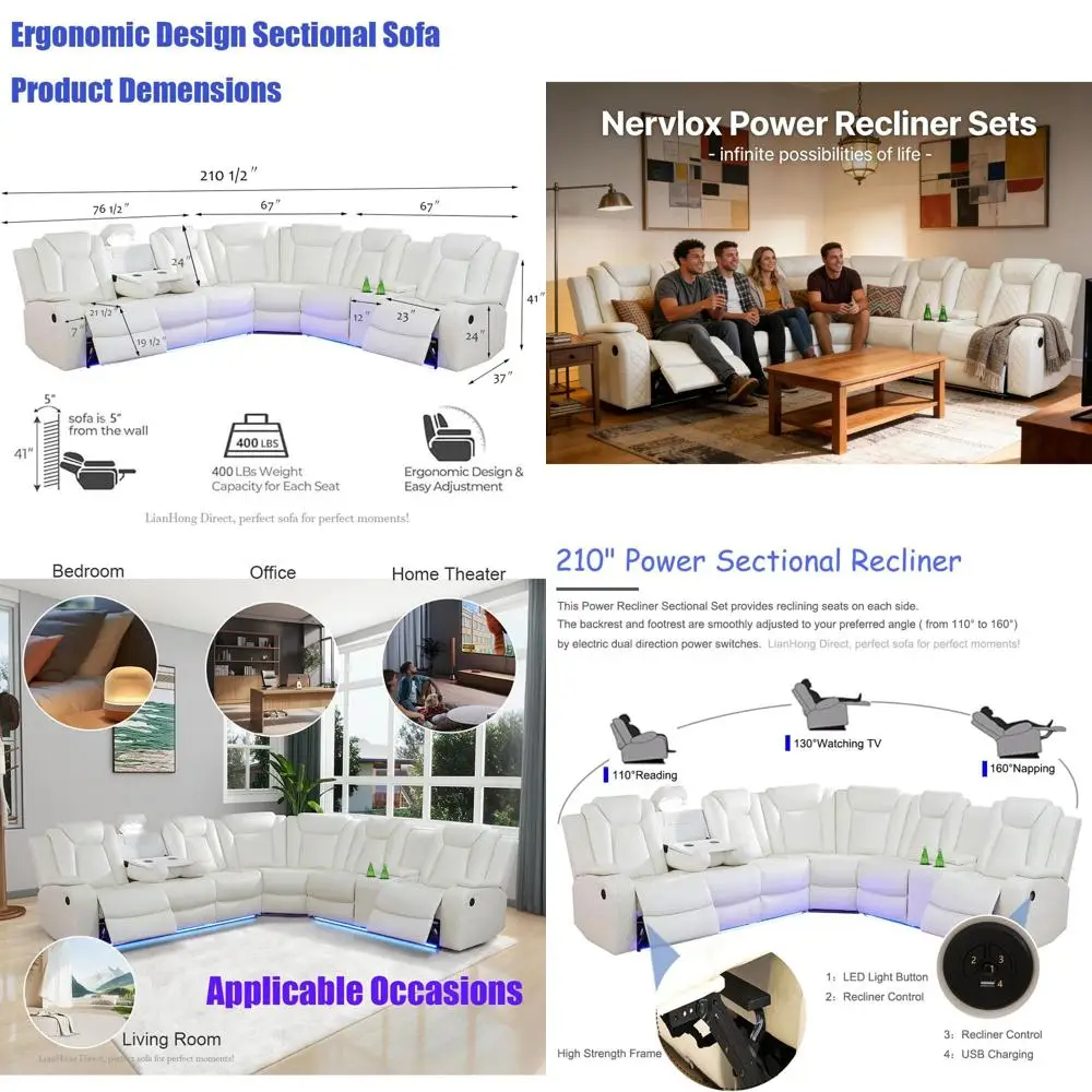 

White Leather Reclining Sectional Sofa Set with LED Lights, USB Ports, Cup Holders, and Storage for Living Room or Office