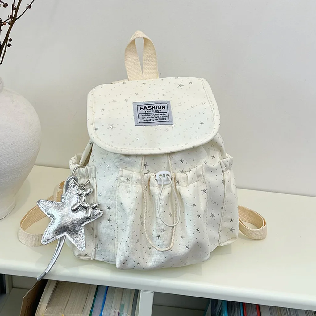 Women's Star Print Medium Canvas Flap Backpack Casual Adjustable Shoulder Daypack For Daily Commute Shopping Back To School Bag