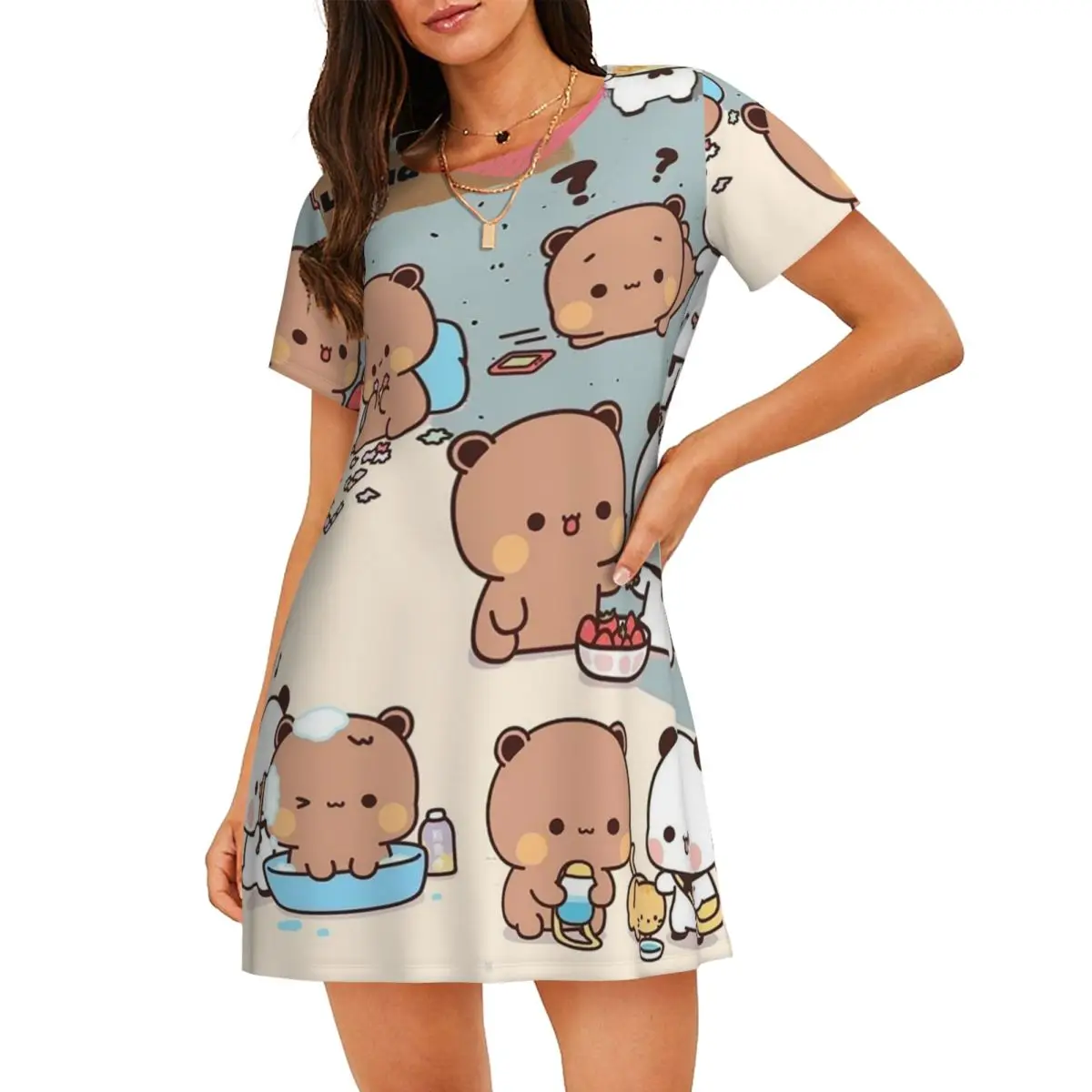Bubu Dudu Panda Bears Cartoon Short Sleeves Nightdress For Sleeping Sleepshirts Women Short Sleeve Nightgowns Soft Pajama Dress