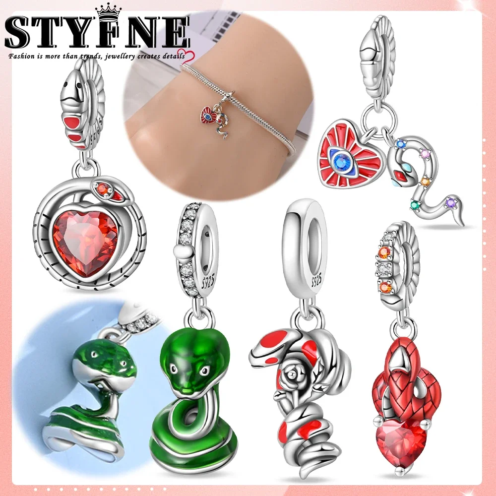 Animals Pets Beads 925 Sterling Silver Small Green Snake Series Pendant Snake Pattern Charms Bracelets For Jewelry Birthday Gift