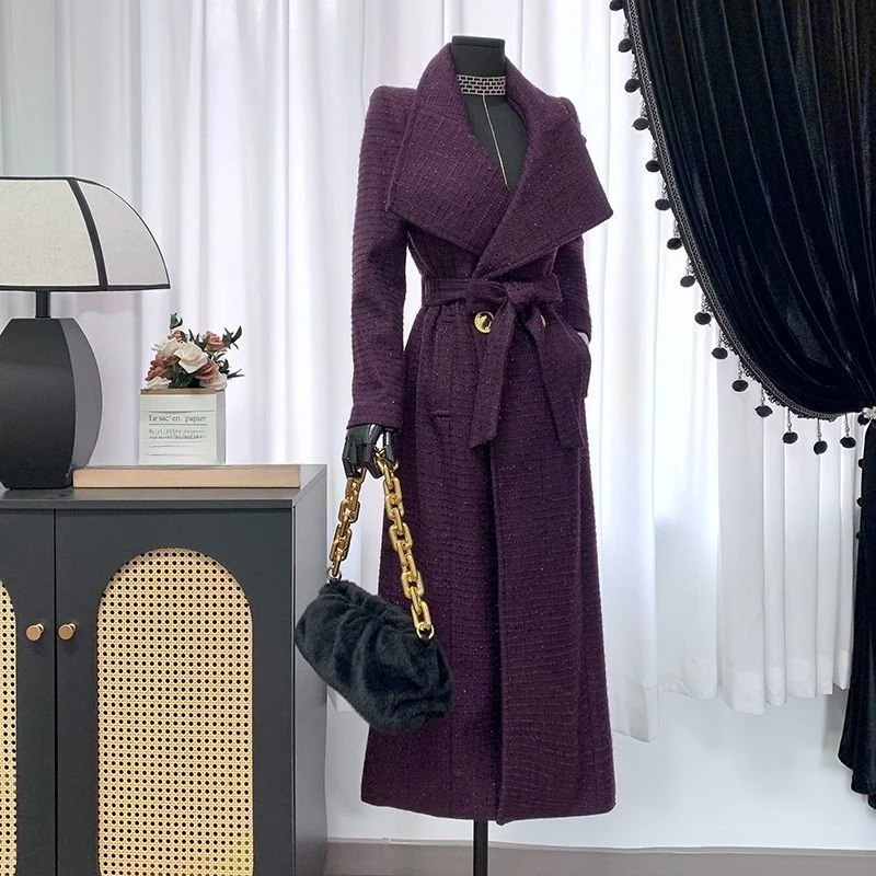 

Autumn and Winter New Korean Version Coarse Woven Bright Silk Woolen Coat Angra Red Waist Strap-up Trench Coat Exquisite Leisure