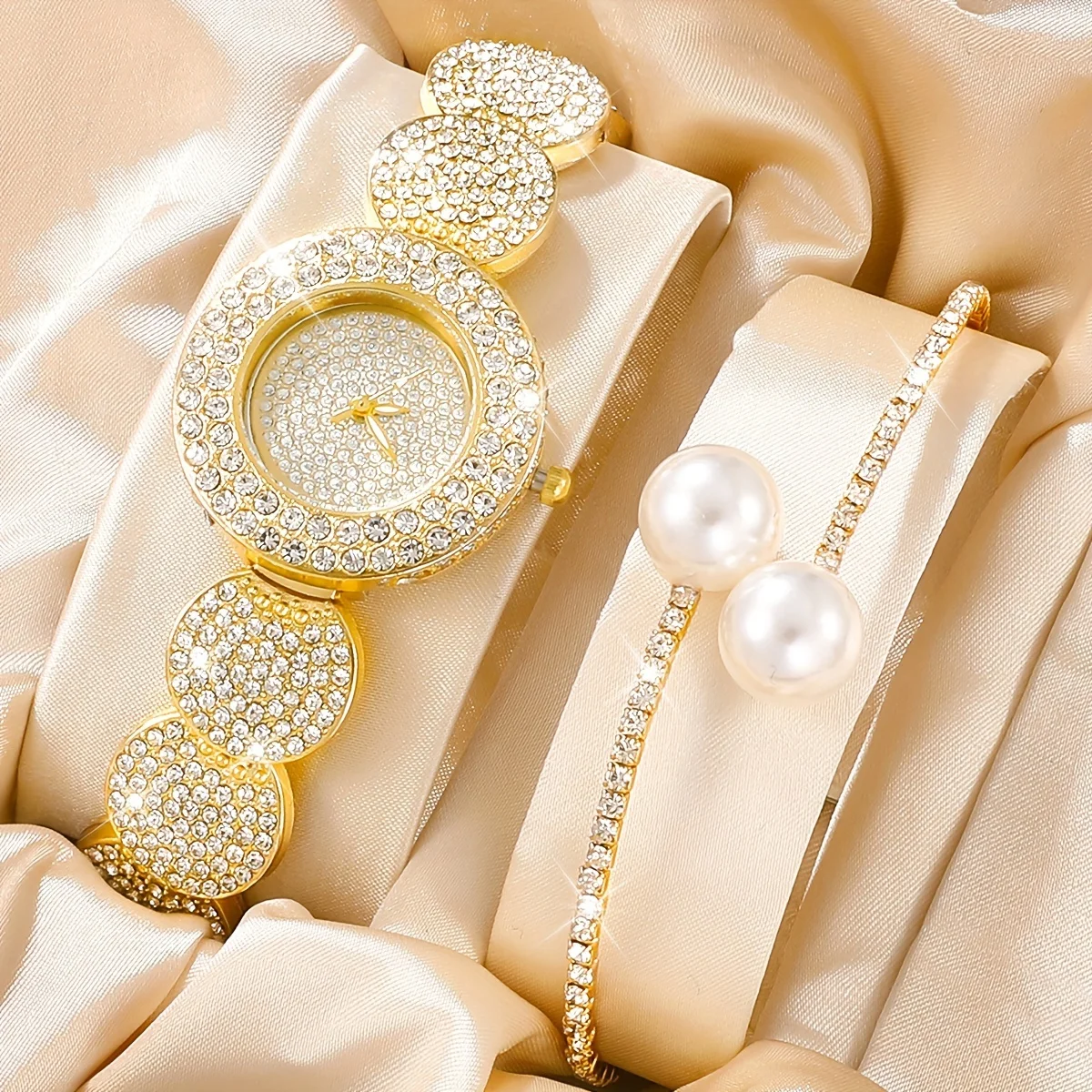 2pcs/set Women's Watch Luxury Rhinestone Quartz Bracelet Watch & Faux Pearl Bangle, Gift For Mom Her