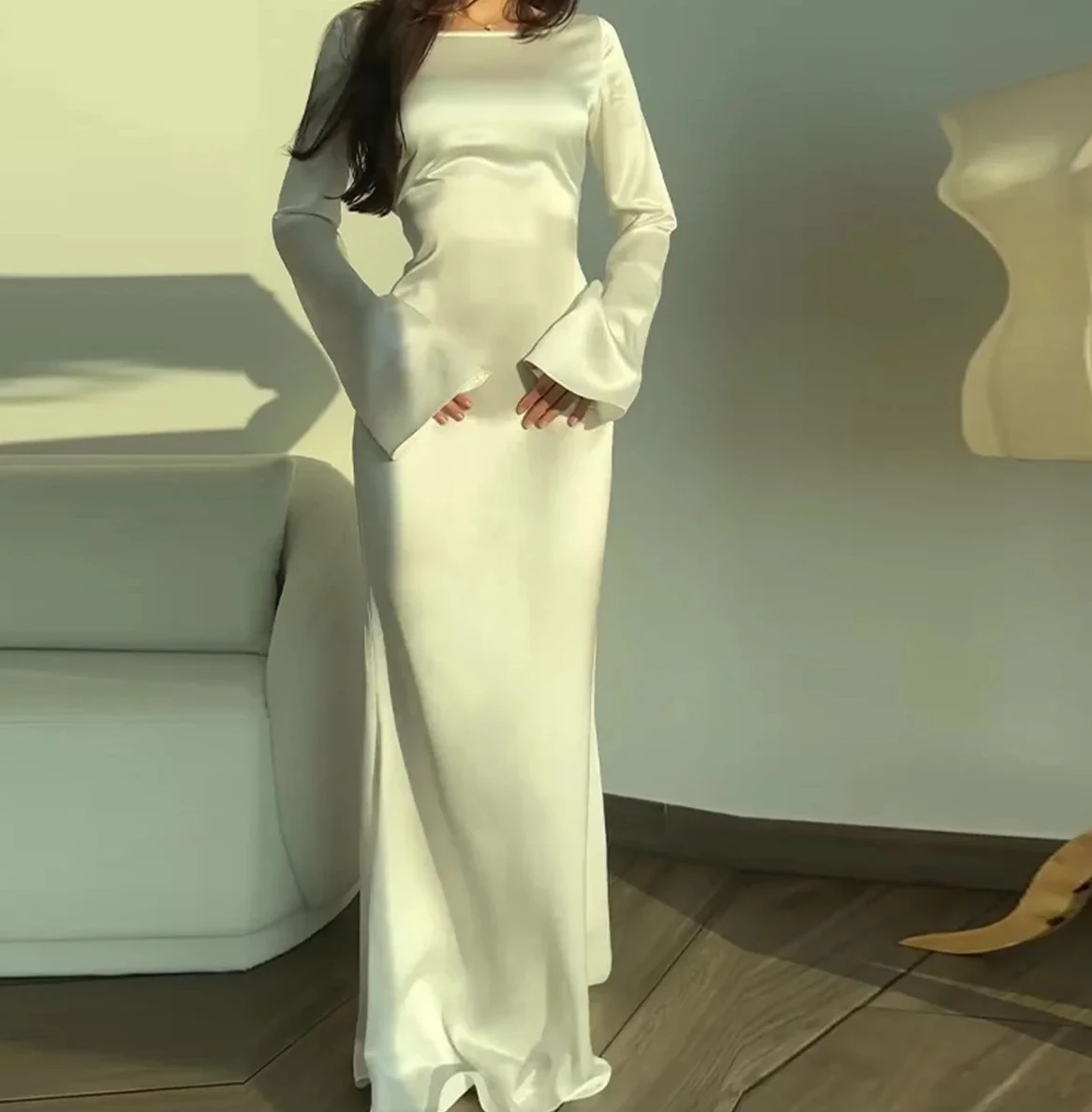 فساتين طويلة أنيقة جديدة موضة خمر بسيطة مستديرة الرقبة الساتان مضيئة كم الدانتيل يصل سليم مساء فستان المرأة مثير #6