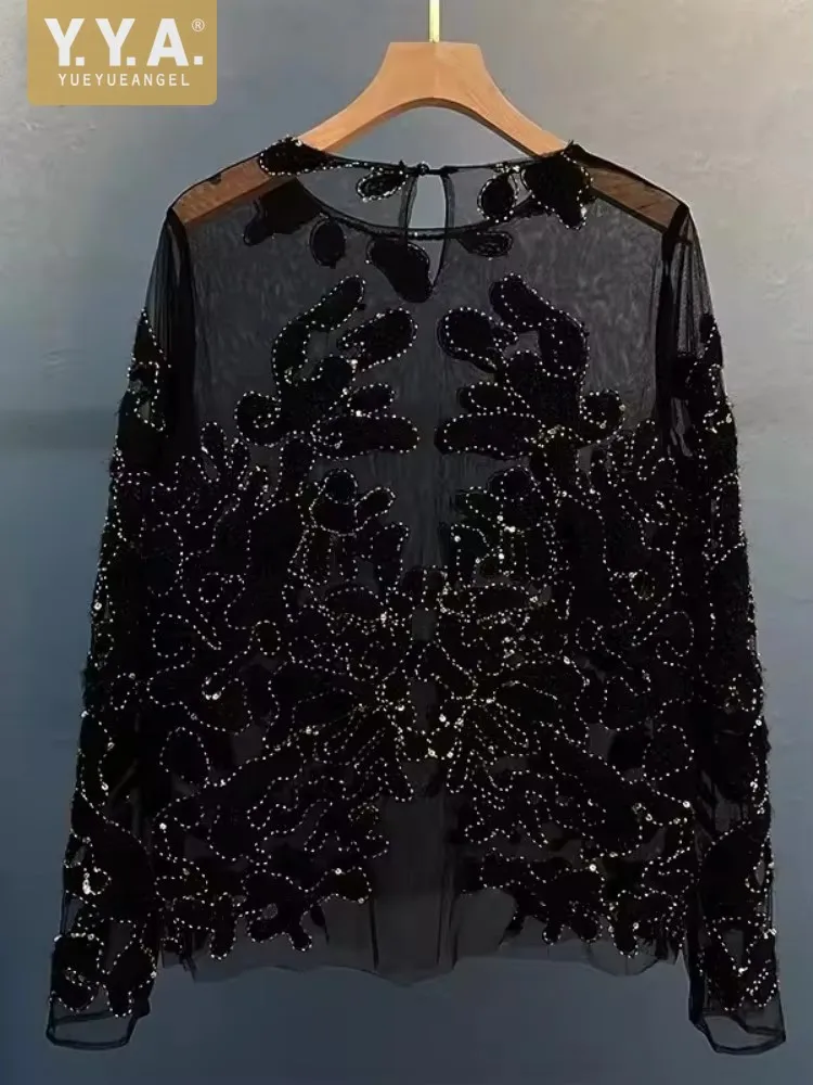 

Women Fashion Elegant Hollow Out Lace Long Sleeve T-Shirt Fashion Tops Beading O-Neck Office Ladies Design Pullover T-Shirts
