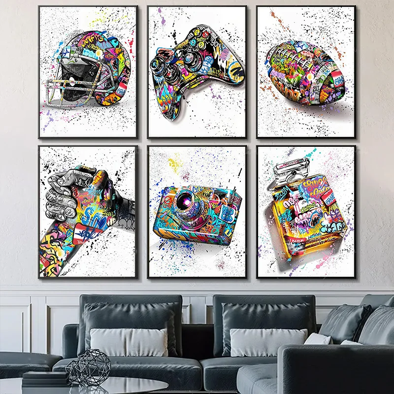 Colorful Graffiti Football Poster Game Console Helmet Rugby French Fries Perfume Headphones Canvas Painting Wall Art Decoration