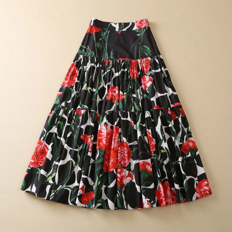 

European and American women's clothes 2023 spring new Carnation print Fashion cotton pleated skirt