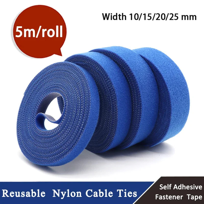 

5m/roll Cable Ties Reusable Loop Bundle Self Adhesive Blue Nylon Strap Organizer Clip Wire Holder Management Fastening Tape