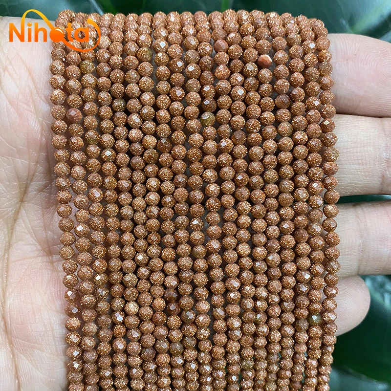 2mm/3mm Natural Stone Faceted Golden SandStone Round Beads DIY Bracelet Necklace Earrings Beads for Jewelry Making 15'' Strand