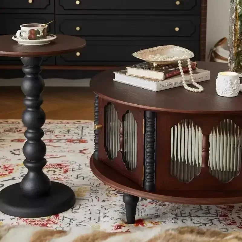 레트로 원목 커피 테이블 조합 소형 아파트 거실 고급스러운 느낌 중형 앤티크 원형 낮은 테이블