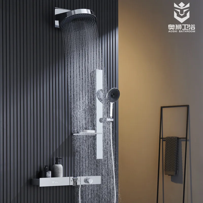 Luxury Brass Thermostatic Bathroom shower faucet set Wall Mounted Rain Digital display Shower set Top Quality 300mm Shower head