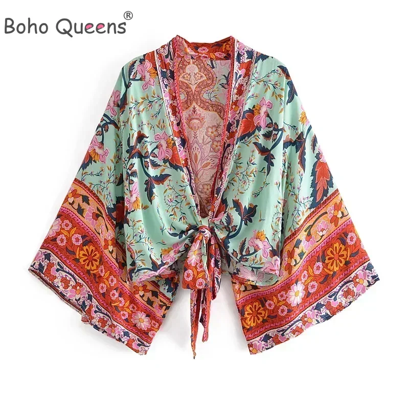 Boho Queens Floral Print Sashes Short  Kimono Women New Fashion V Neck Batwing Sleeves Ladies Beach Bikini Cover-ups