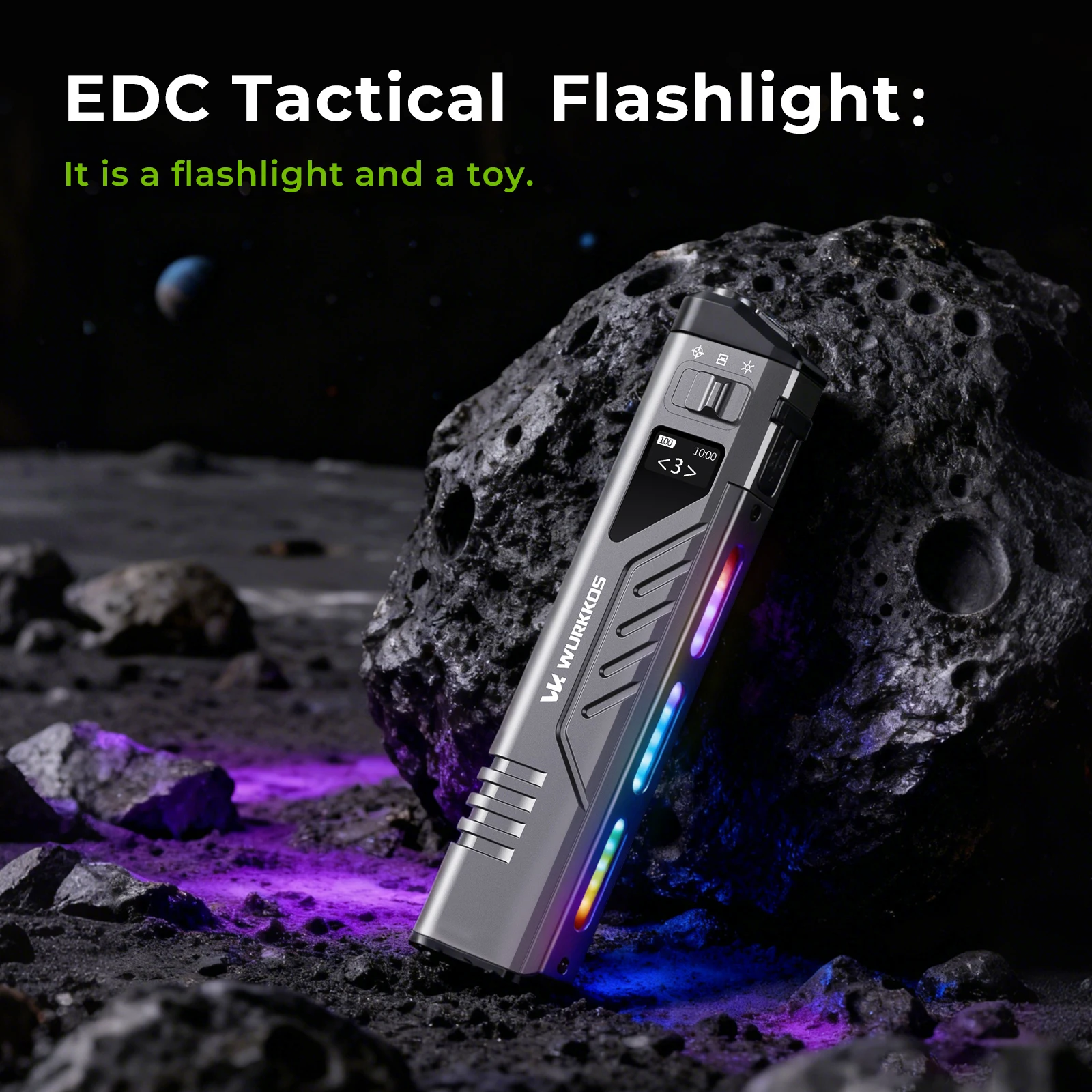 Wurkkos TD11 Slim Tactical Flashlight 3000LM IPX6 EDC Torch with 2LED Floodlight RGB Light Smart Oled Display for Camping Patrol