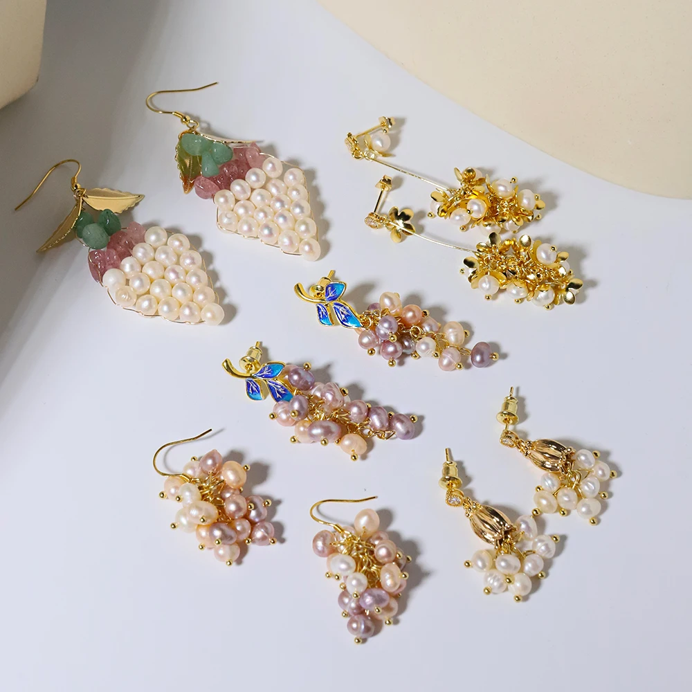 GLSEEVO Natural Fresh water Pearl Yellow Lily Flower Plant Tassel Drop Earrings For Women Shining Dangle Earrings Luxury Jewelry
