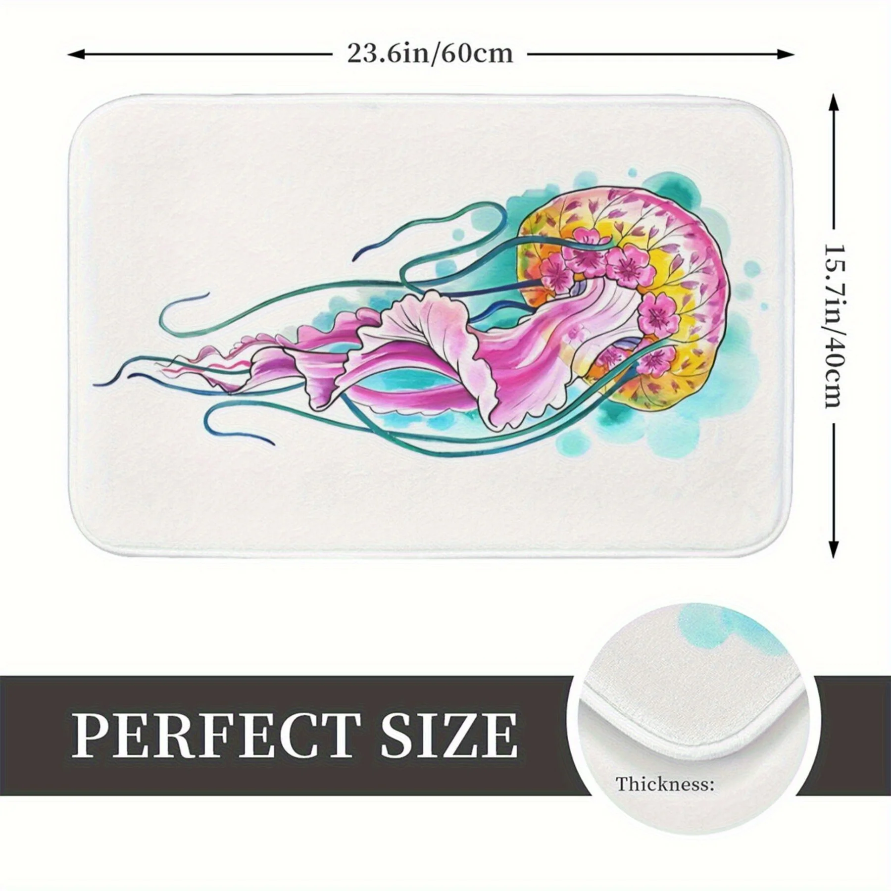 Fashion Floral Jellyfish Watercolor Bathroom Mat- Lightweight, Machine Washable Polyester Mat, Perfect Home Decor Choice, Suitab