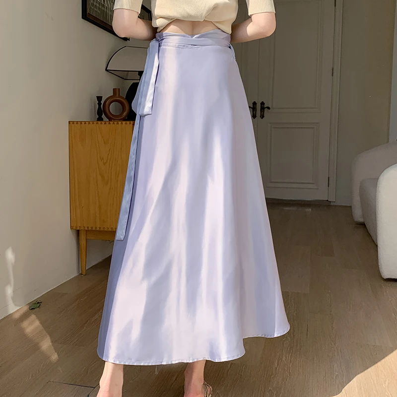 Light Blue Satin Skirt Summer High Waisted Wrapped One-Piece Long Skirts Irregular Champagne Satin Skirts Party Elegant Outfits