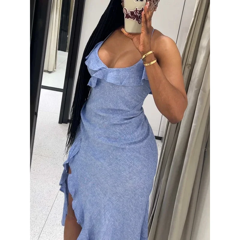 

Women's Retro V-Neck Dress Summer Vacation Style Asymmetric Layered Backless Suspender Hem Slit Elegant Sexy Fashion