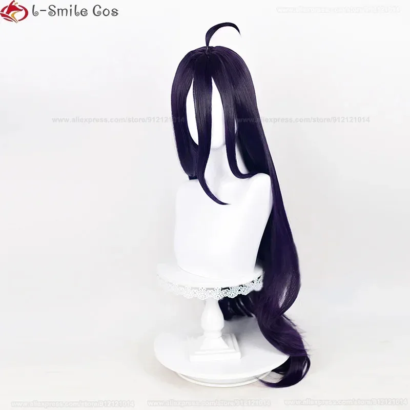 lili 123100cm Anime Overlord Cosplay Albedo Deep Purple Black Wig Horns Heat Resistant Synthetic Wigs +